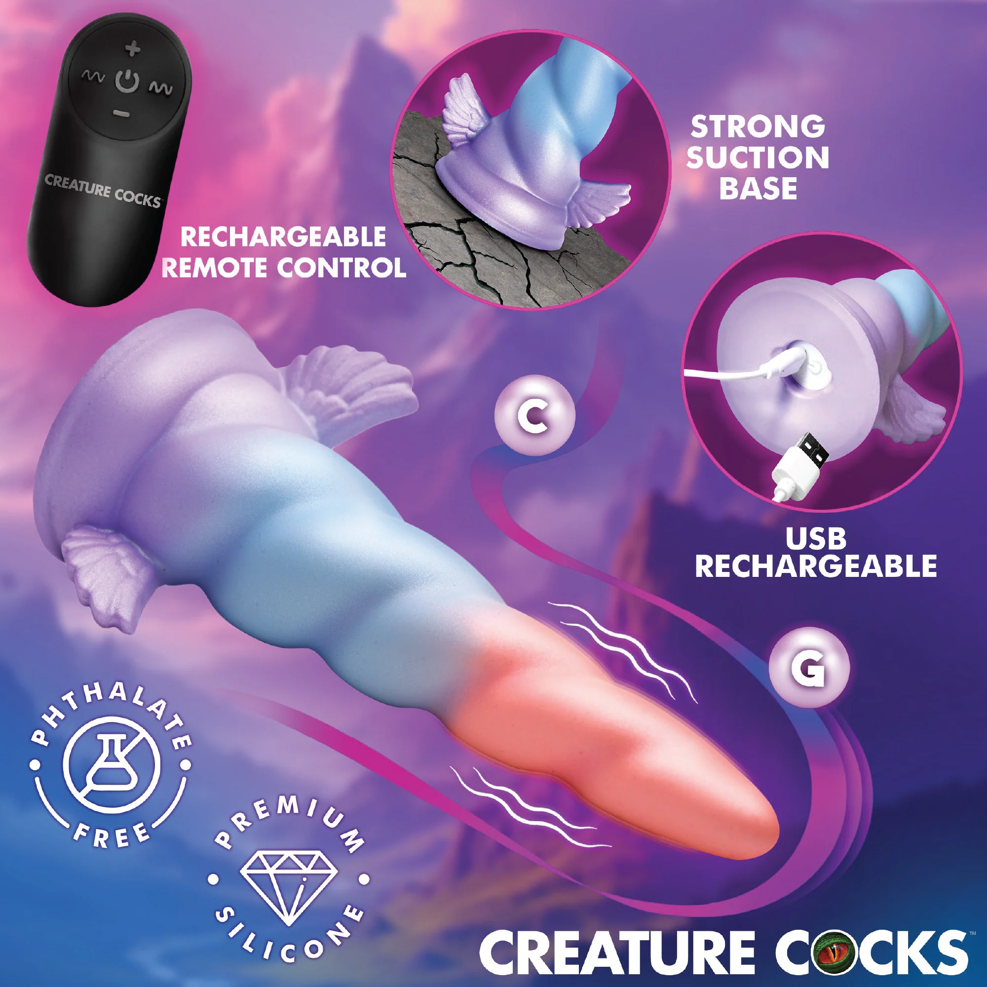 Creature Cocks Deluxe Dream Rider Vibrating Unicorn Rechargeable Silicone Dildo - Multicolor - Image 3